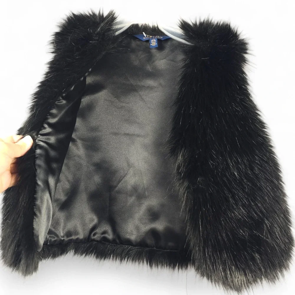 Polo Ralph Lauren Girls Black Faux Fur Vest Size L 12-14 Open Front Layering